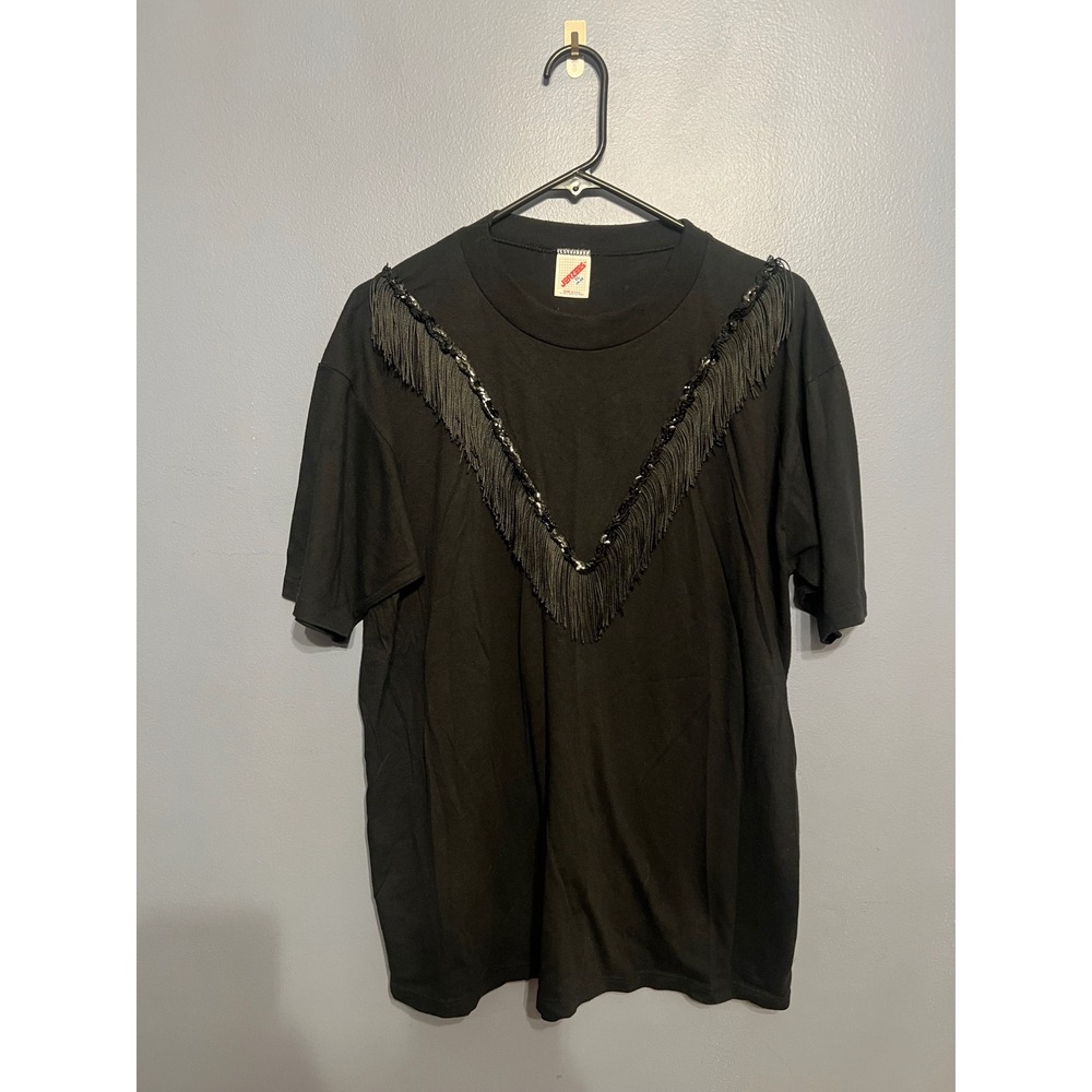 Women's‎ Vintage Jerzees Black Western Sequin Fringe T-Shirt SZ XL 90s 80s USA